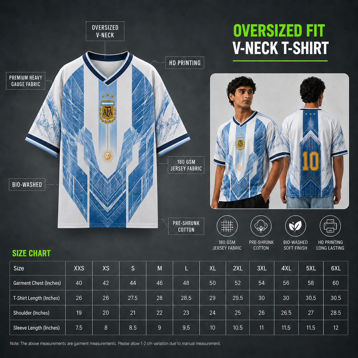 Argentina Inspired Jersey | V-Neck Oversized T-shirt