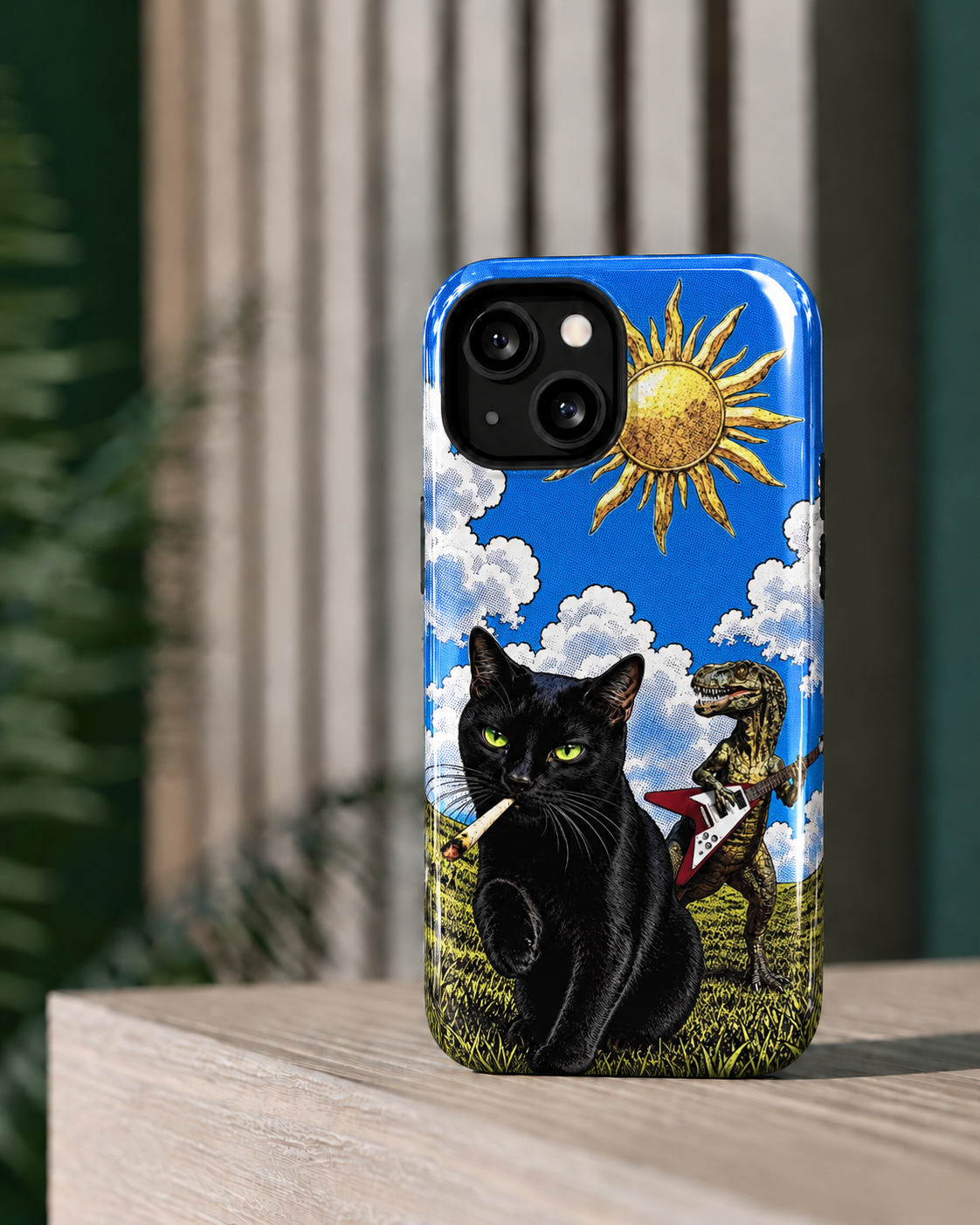 Black Cat & Dinosaur Guitar Gloss Shell Dual Protection iPhone Case