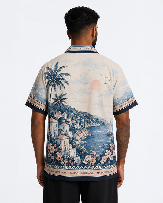 Coastal Riviera Scenic Print Linen Men's Shirt