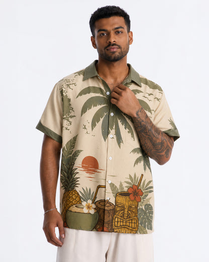 Tropical Island Print Linen Men's Shirt