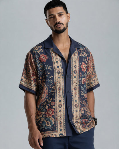 Navy Blue Floral Paisley Print Men's Linen Shirt