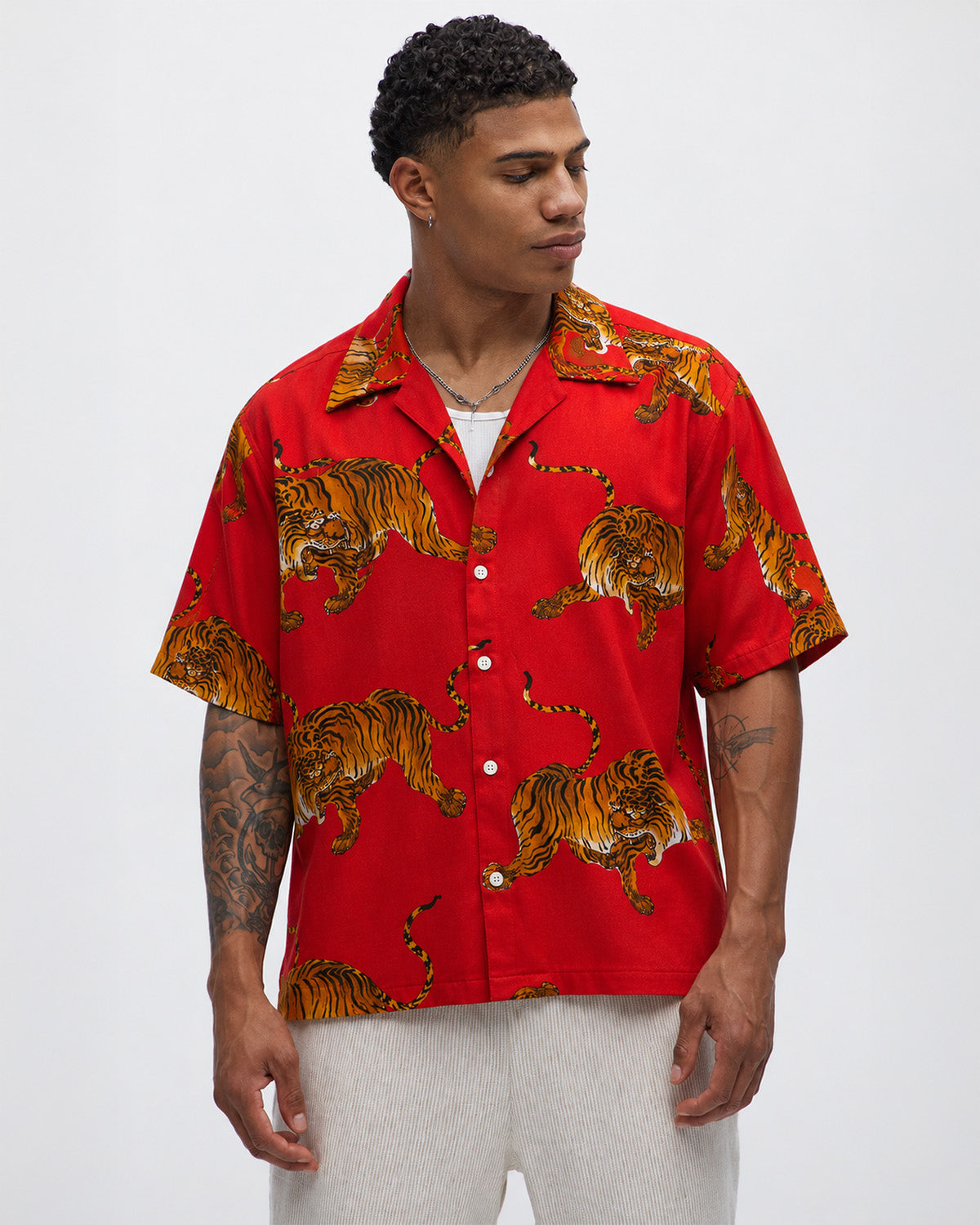 Red Tiger Print Linen Men's Shirt