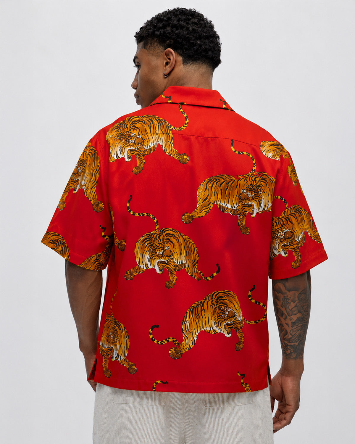 Red Tiger Print Linen Men's Shirt