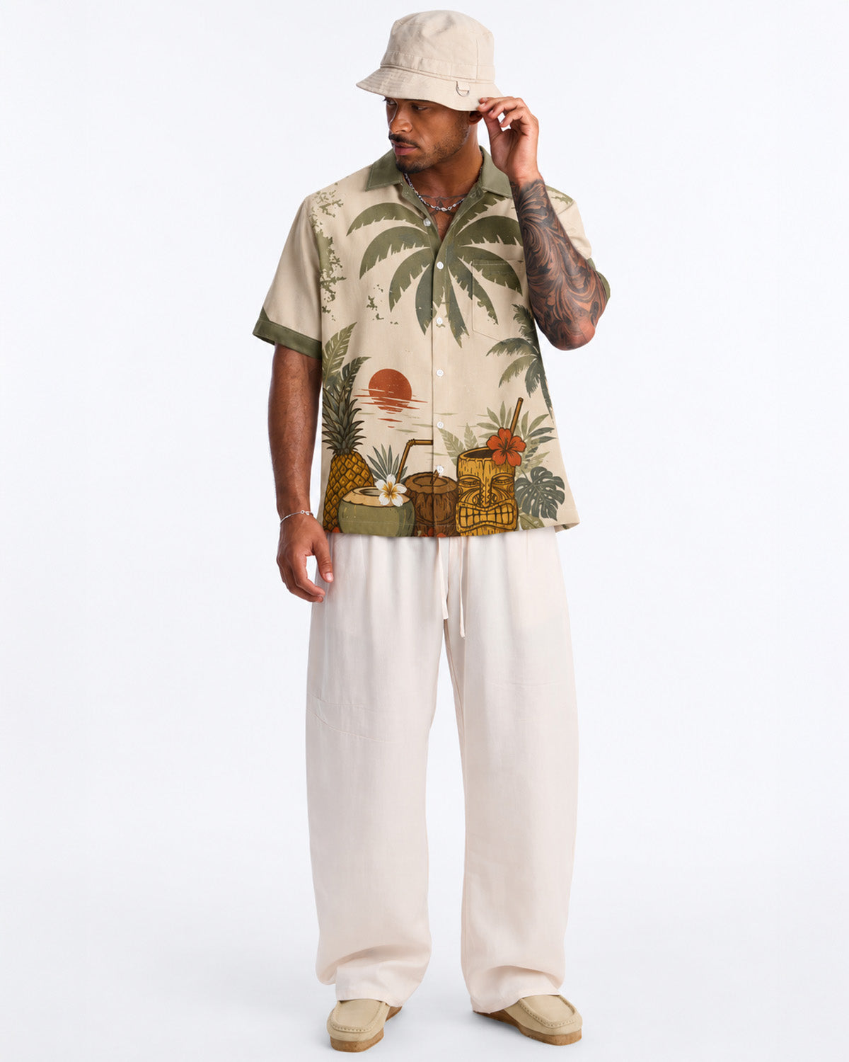 Tropical Island Print Linen Men's Shirt
