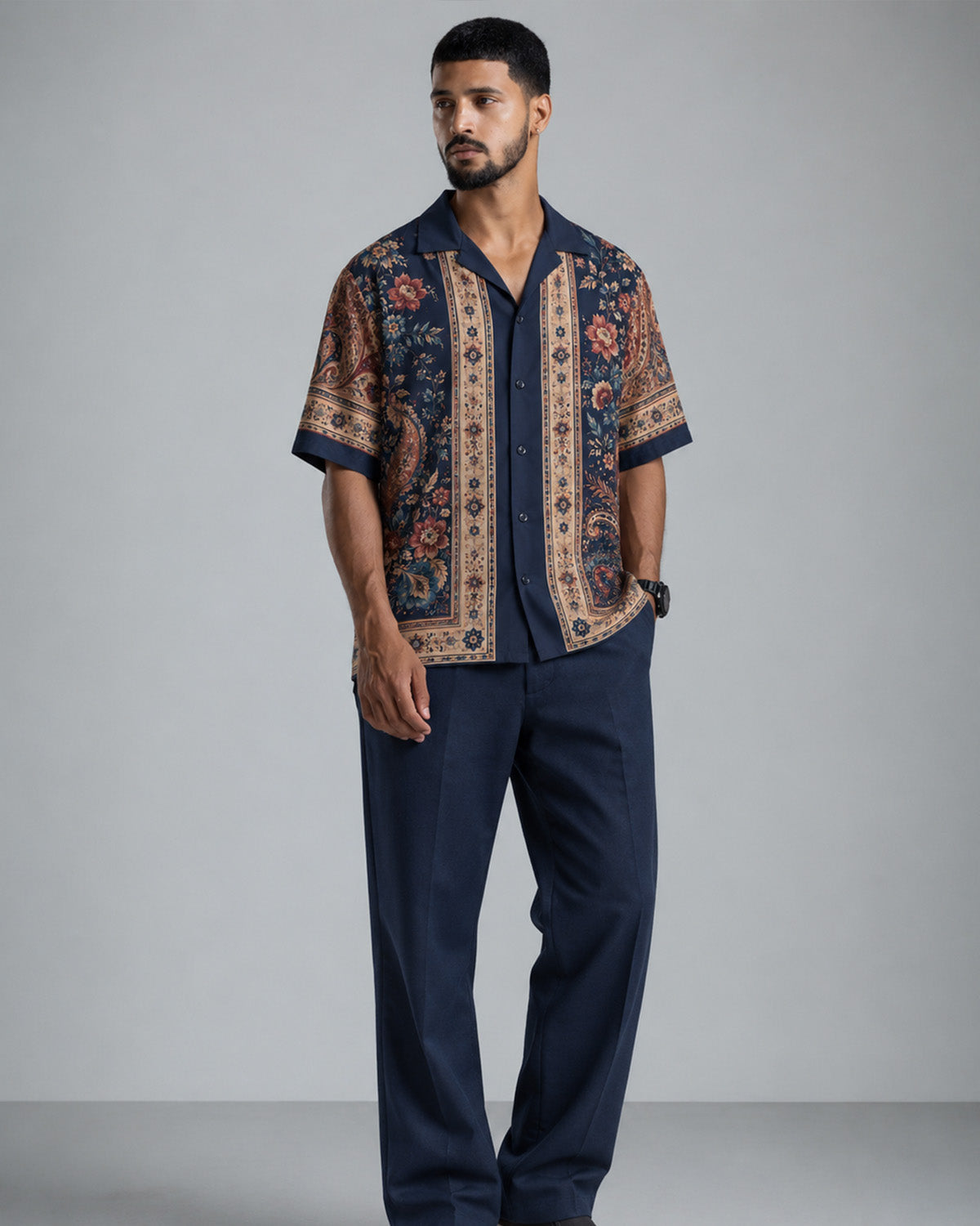 Navy Blue Floral Paisley Print Men's Linen Shirt