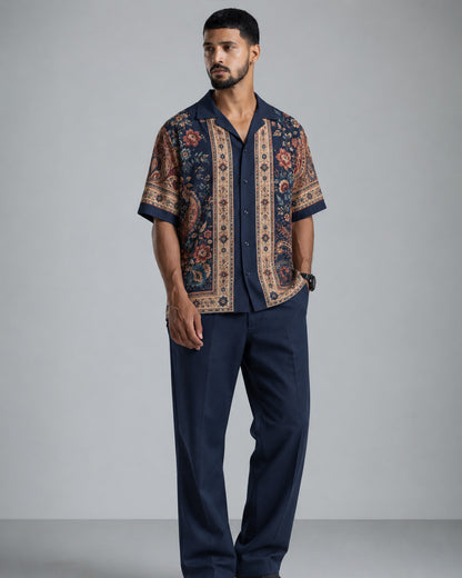 Navy Blue Floral Paisley Print Men's Linen Shirt