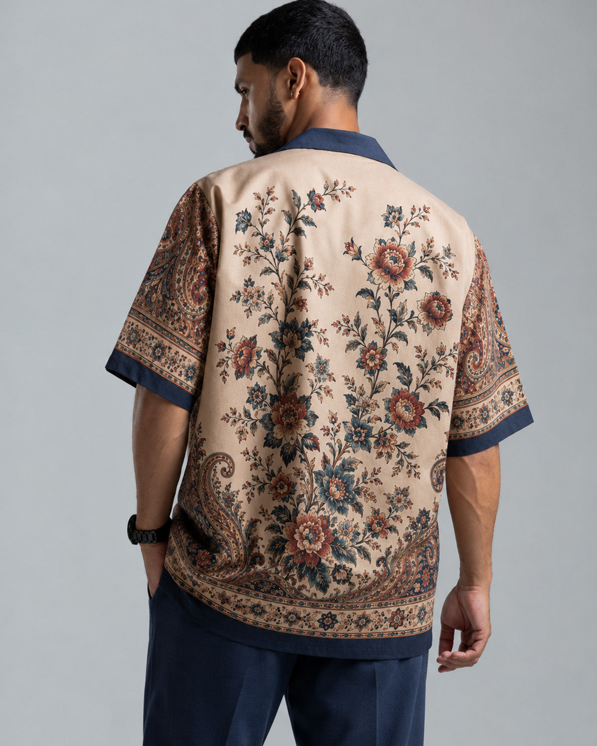 Navy Blue Floral Paisley Print Men's Linen Shirt