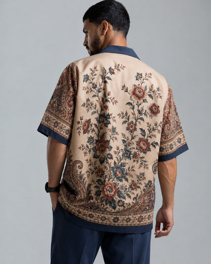 Navy Blue Floral Paisley Print Men's Linen Shirt