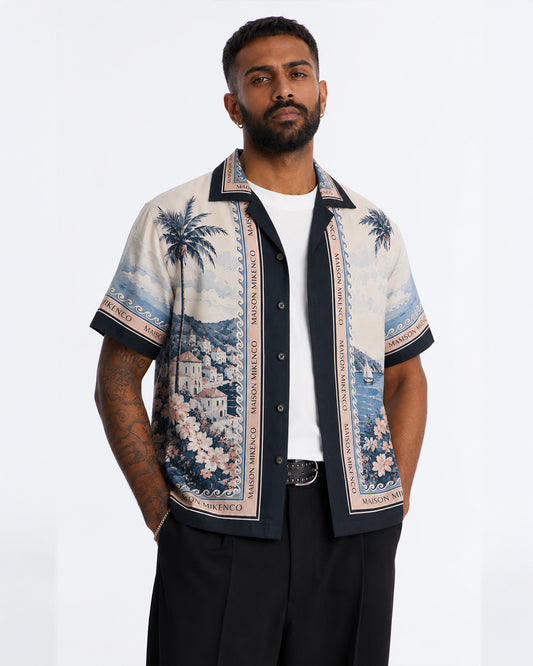 Coastal Riviera Scenic Print Linen Men's Shirt