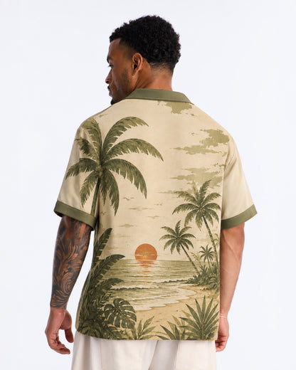 Tropical Island Print Linen Men's Shirt