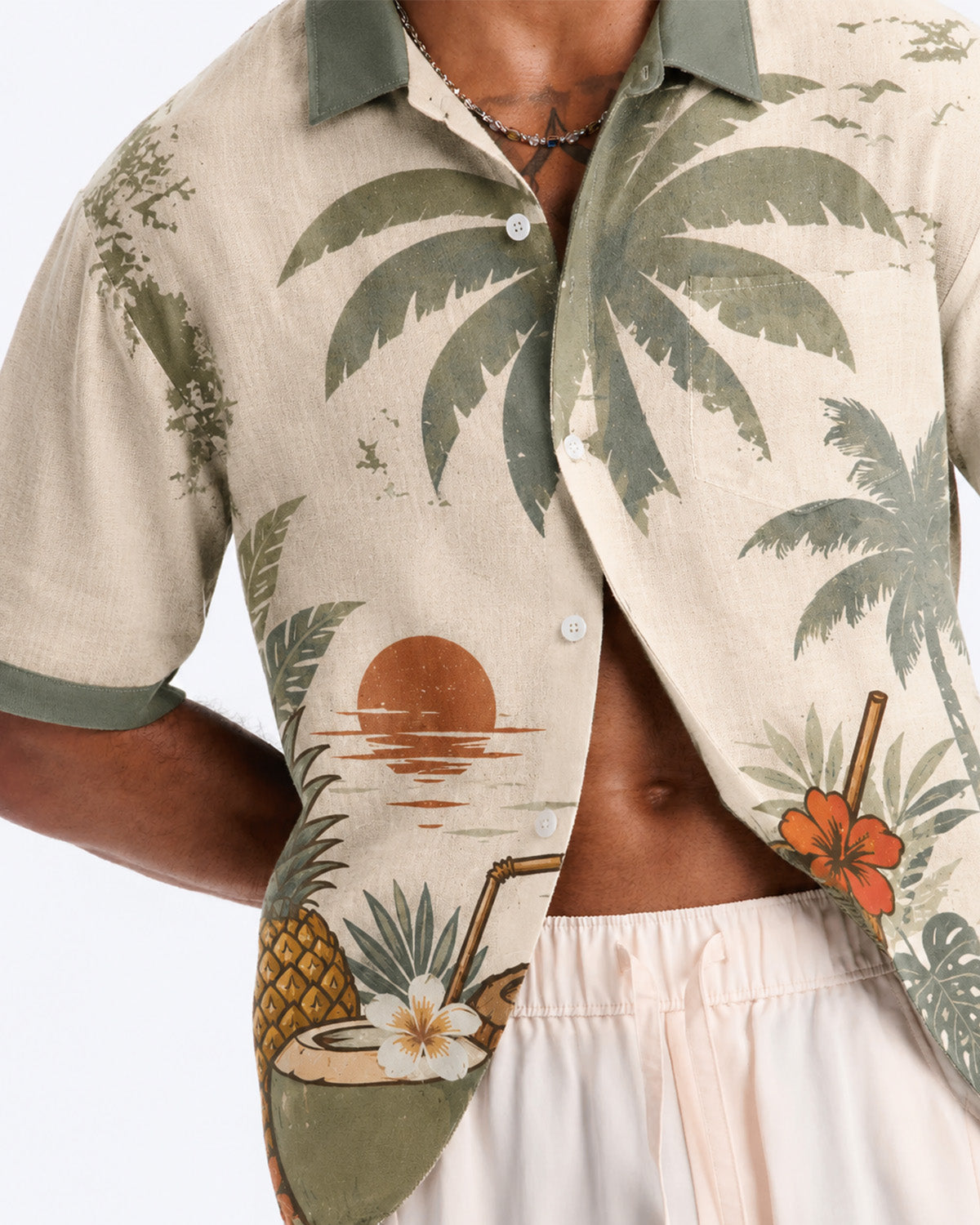 Tropical Island Print Linen Men's Shirt
