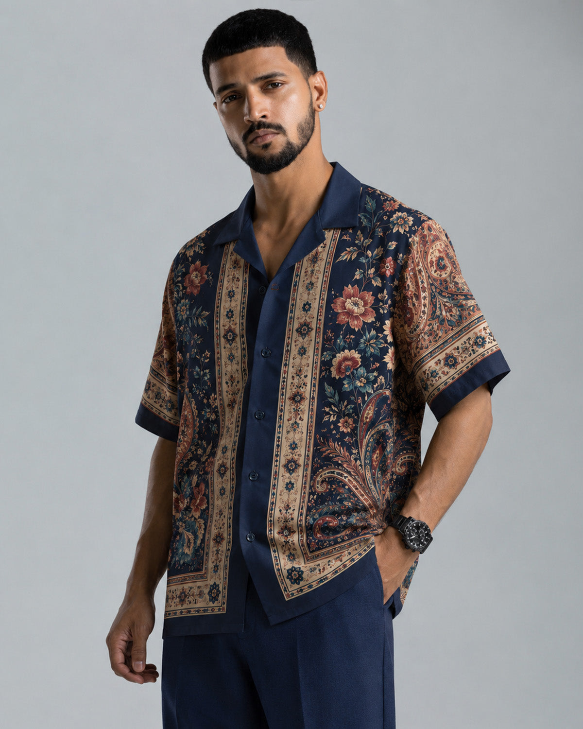 Navy Blue Floral Paisley Print Men's Linen Shirt