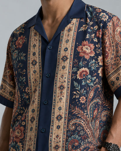 Navy Blue Floral Paisley Print Men's Linen Shirt