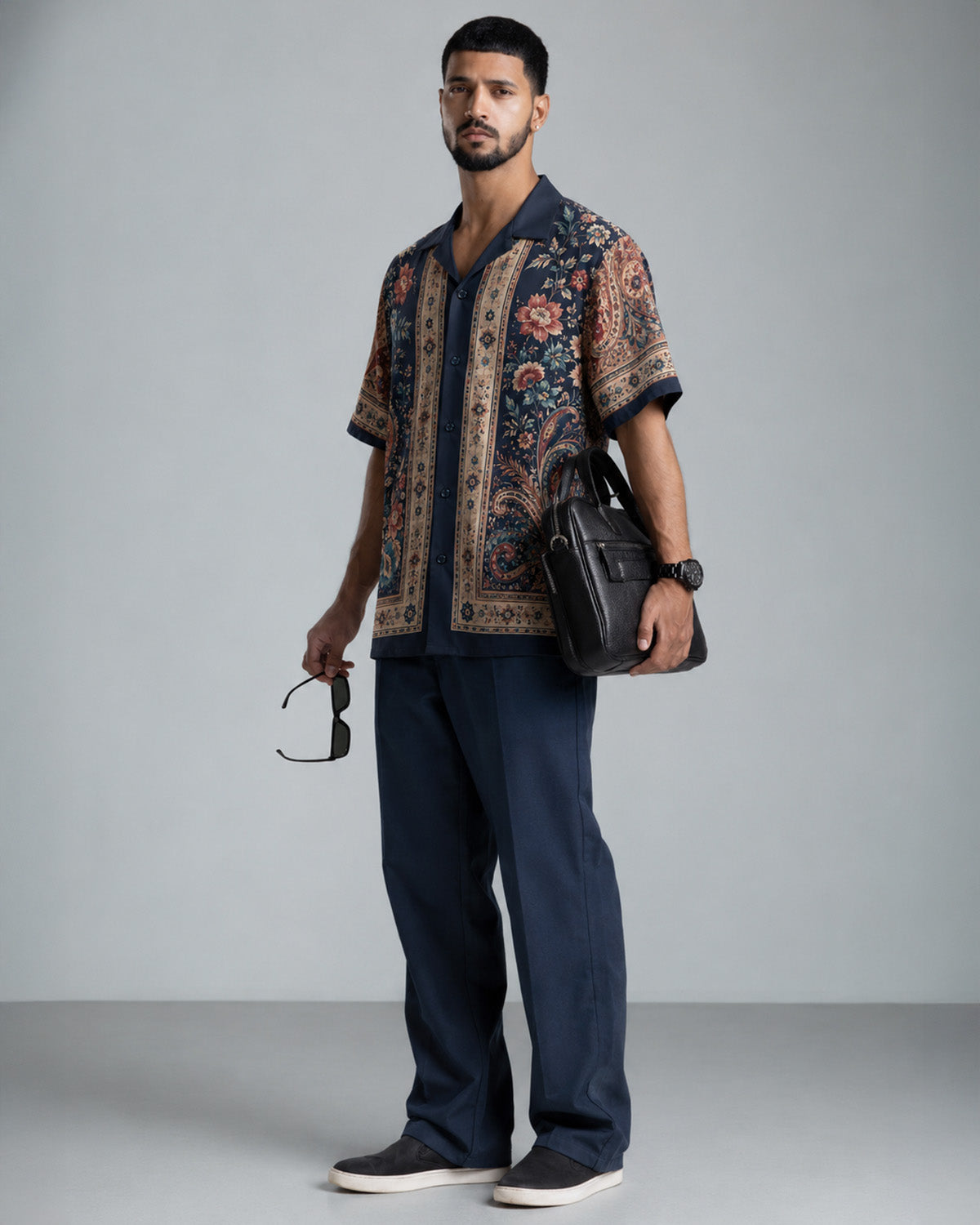 Navy Blue Floral Paisley Print Men's Linen Shirt