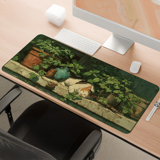 Sunlit Garden Nap | Cozy Cat Aesthetic Deskmat