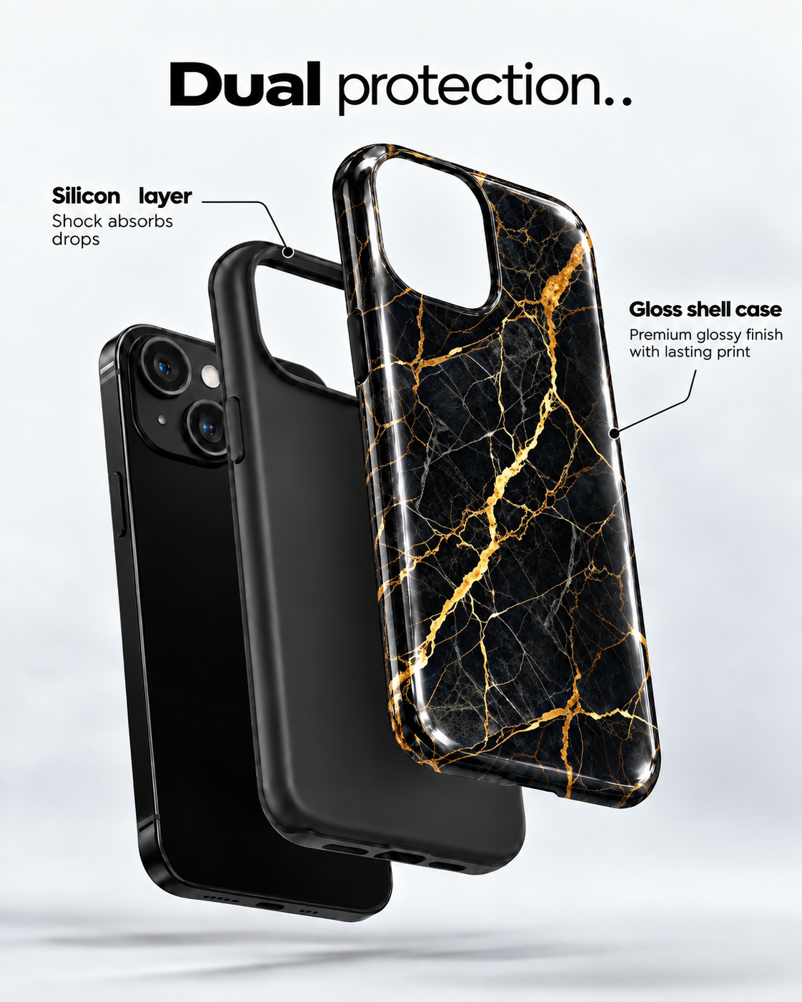 Black Gold Marble Gloss Shell Dual Protection iPhone Case