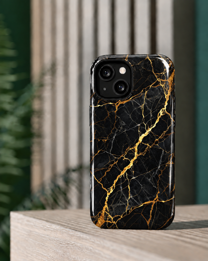Black Gold Marble Gloss Shell Dual Protection iPhone Case