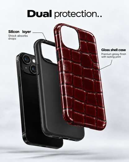 Burgundy Croc Texture Gloss Shell Dual Protection iPhone Case