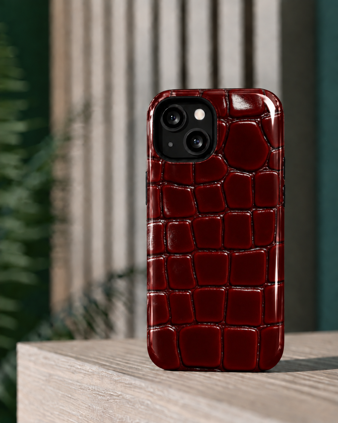Burgundy Croc Texture Gloss Shell Dual Protection iPhone Case