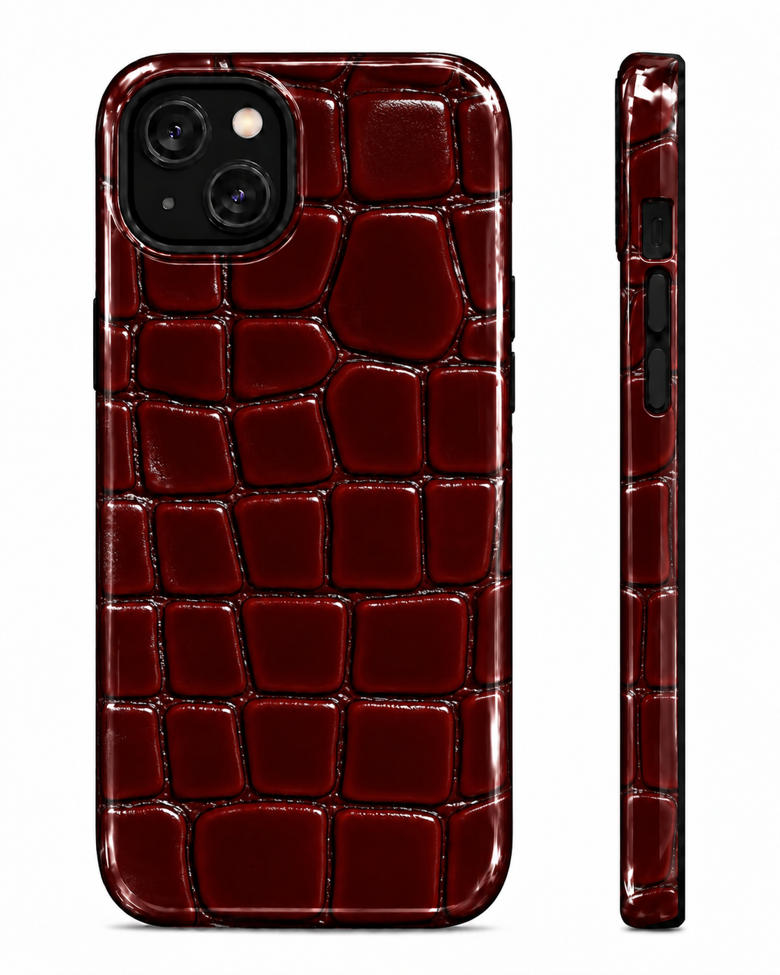 Burgundy Croc Texture Gloss Shell Dual Protection iPhone Case