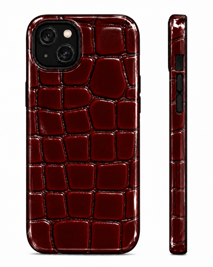 Burgundy Croc Texture Gloss Shell Dual Protection iPhone Case