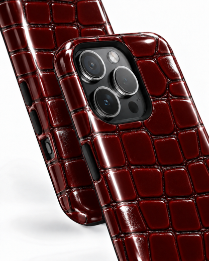 Burgundy Croc Texture Gloss Shell Dual Protection iPhone Case