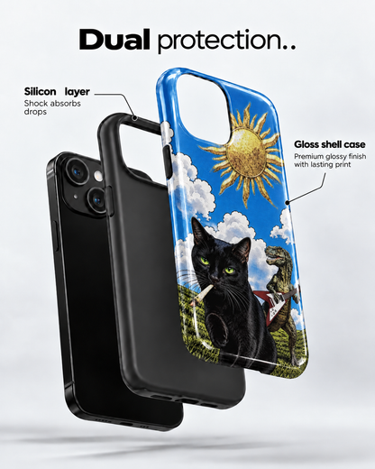 Black Cat & Dinosaur Guitar Gloss Shell Dual Protection iPhone Case