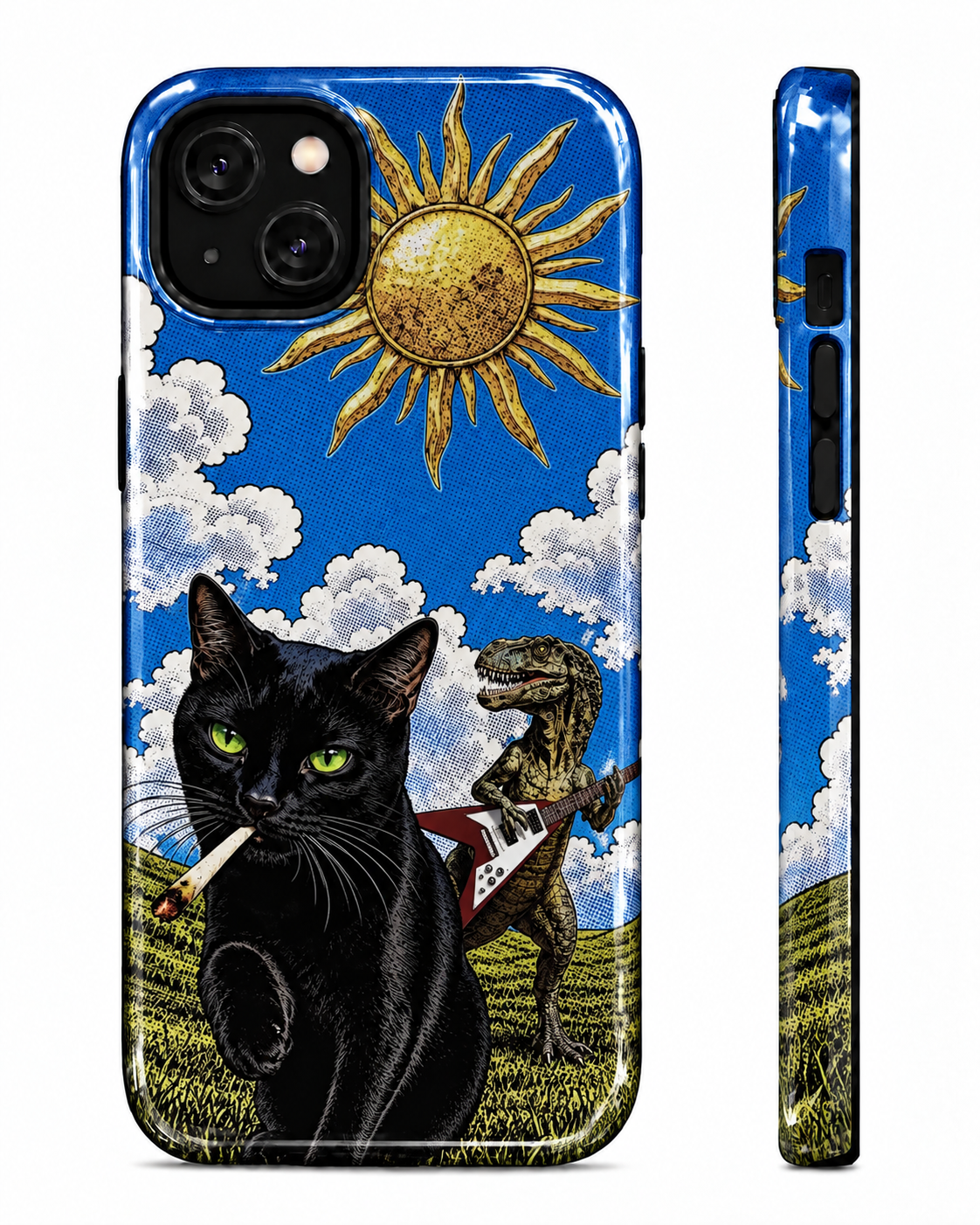 Black Cat & Dinosaur Guitar Gloss Shell Dual Protection iPhone Case