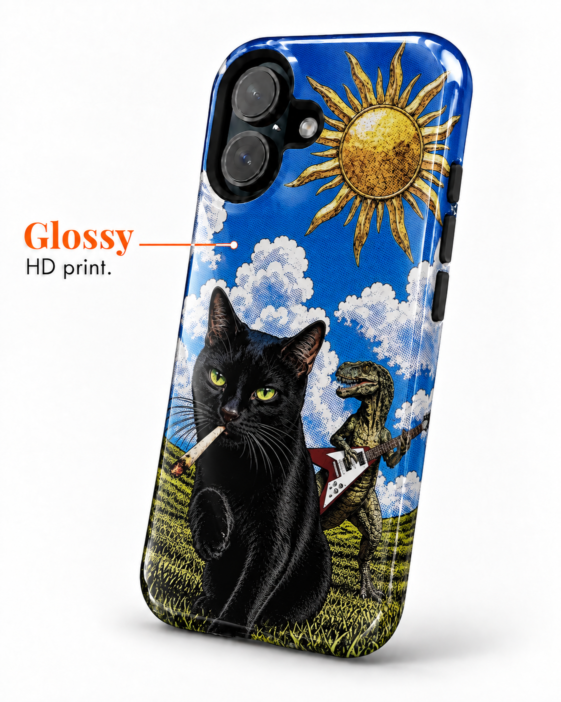 Black Cat & Dinosaur Guitar Gloss Shell Dual Protection iPhone Case