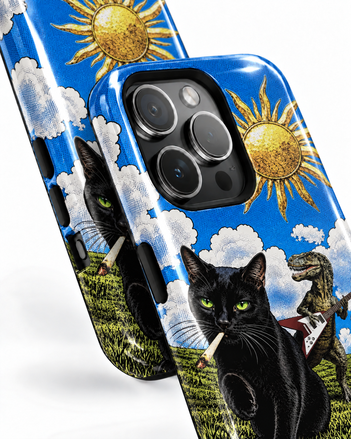 Black Cat & Dinosaur Guitar Gloss Shell Dual Protection iPhone Case