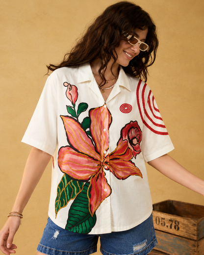 Women’s Oversized Floral Print Linen Cotton Shirt