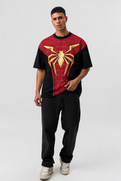Spider-Inspired Red & Black Oversized Jersey T-Shirt