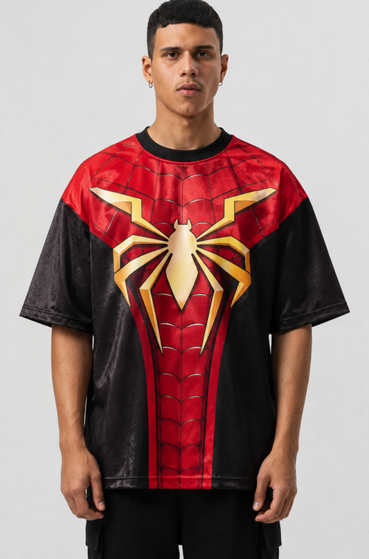 Spider-Inspired Red & Black Oversized Jersey T-Shirt