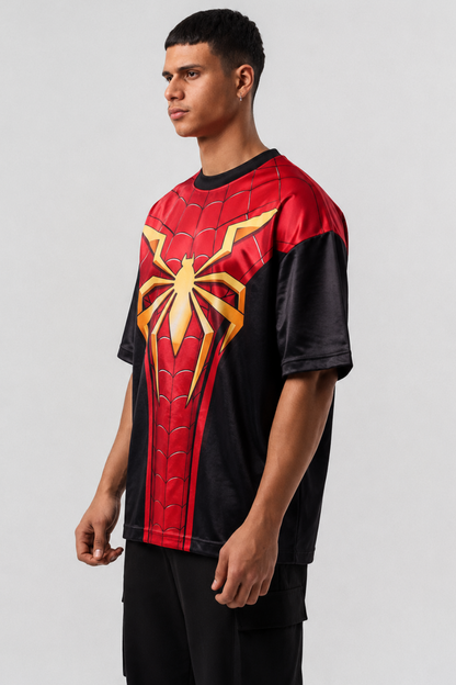 Spider-Inspired Red & Black Oversized Jersey T-Shirt
