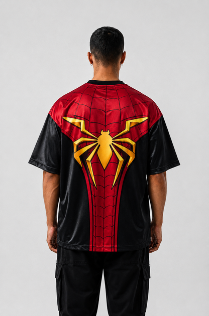 Spider-Inspired Red & Black Oversized Jersey T-Shirt