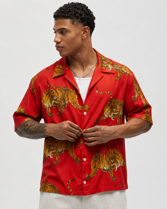 Red Tiger Print Linen Men's Shirt