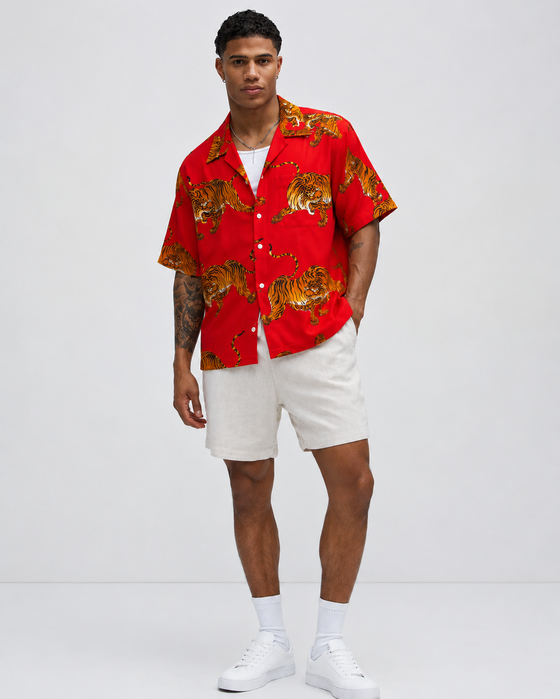 Red Tiger Print Linen Men's Shirt