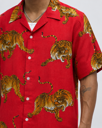 Red Tiger Print Linen Men's Shirt