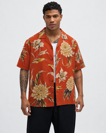 Men's Rust Bloom Linen Cotton Resort Shirt