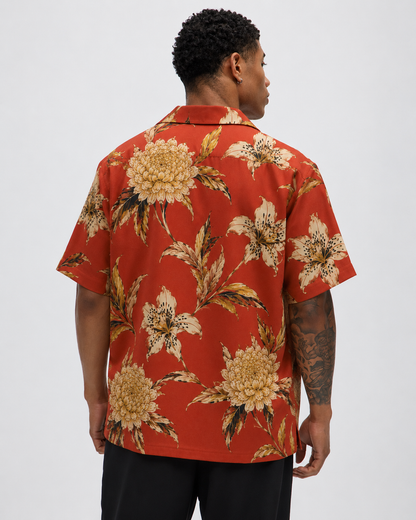 Men's Rust Bloom Linen Cotton Resort Shirt