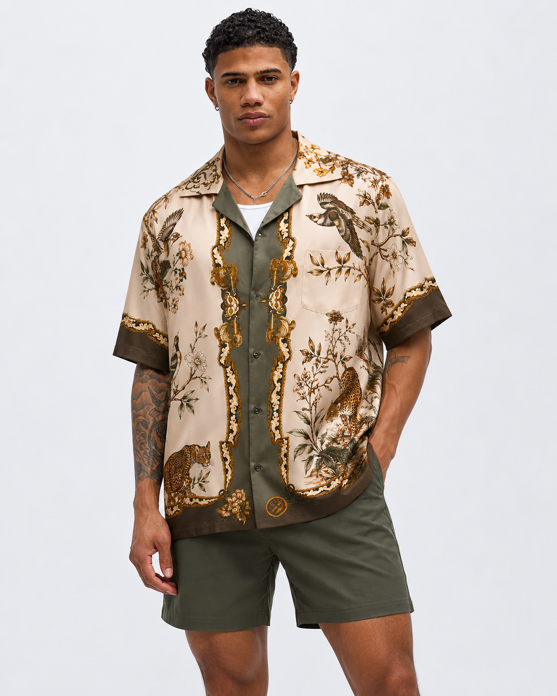 Vintage Wildlife Print Men's Linen Shirt