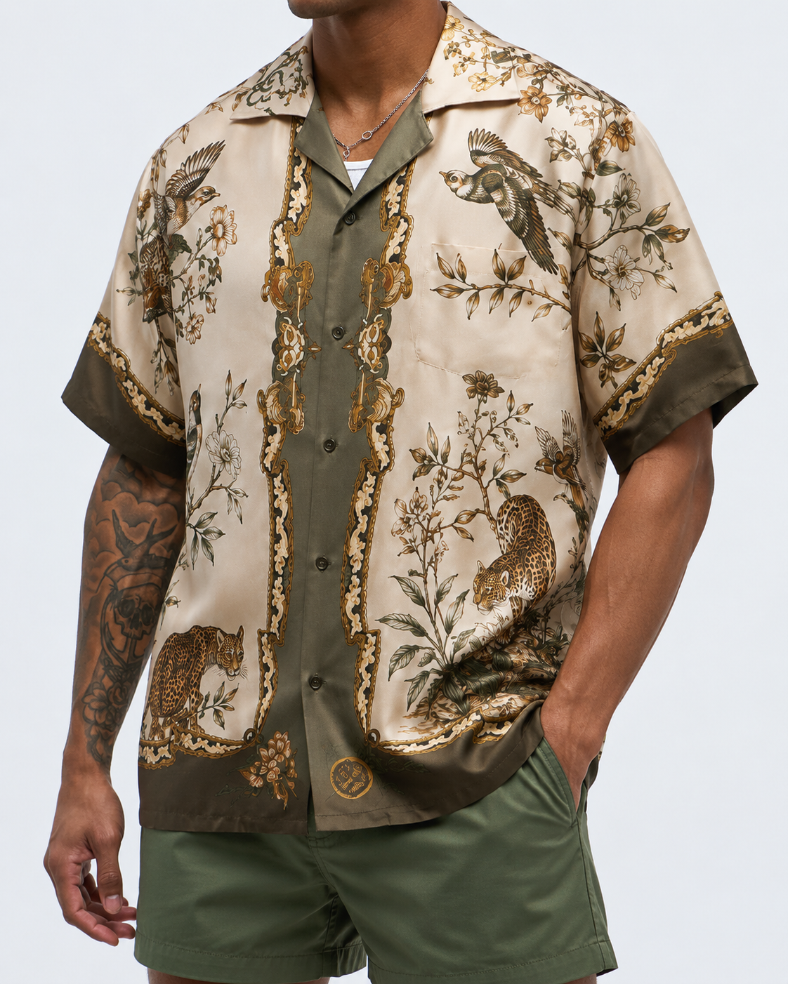 Vintage Wildlife Print Men's Linen Shirt