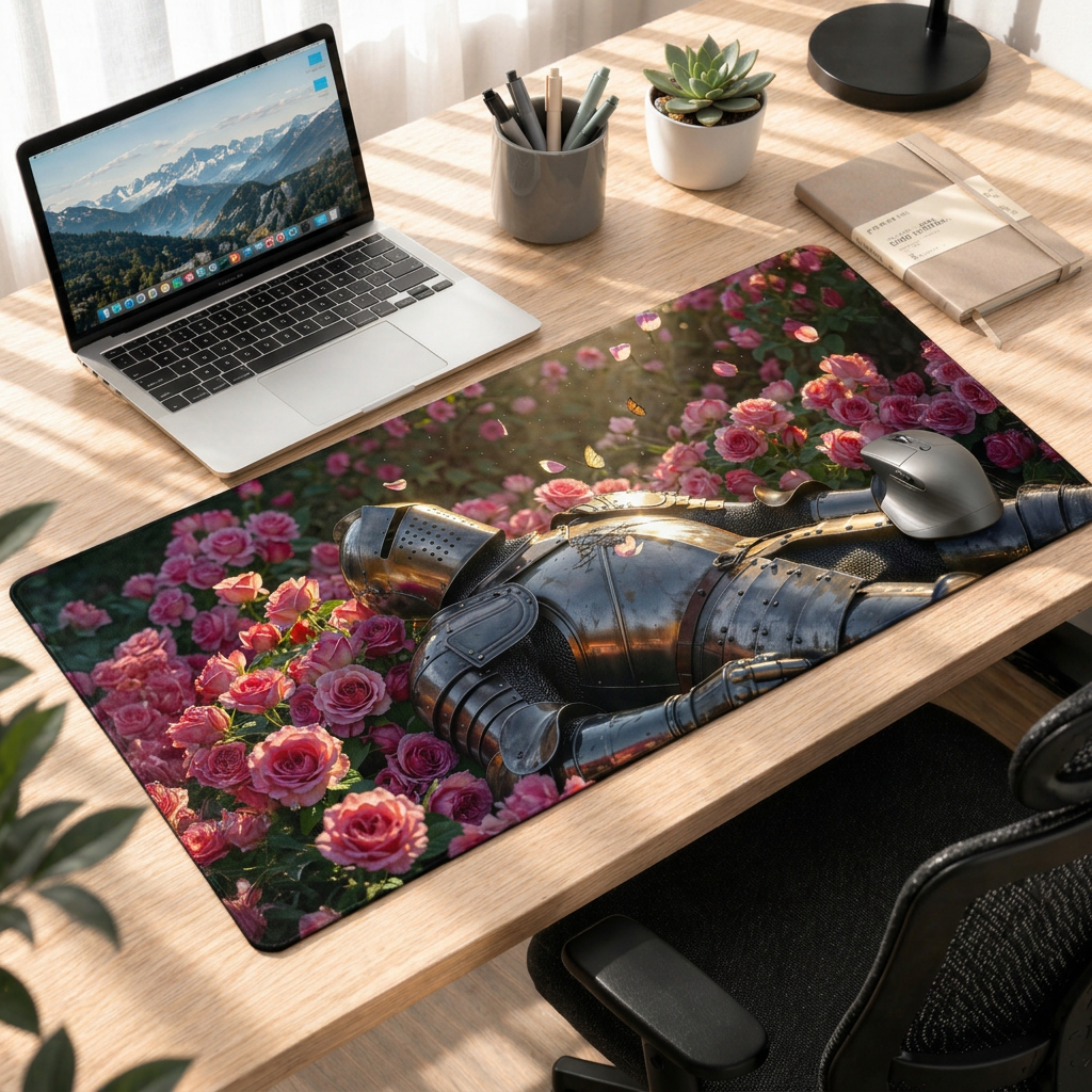 Iron Knight in Bloom | Rose Garden Valor Gaming Deskmat