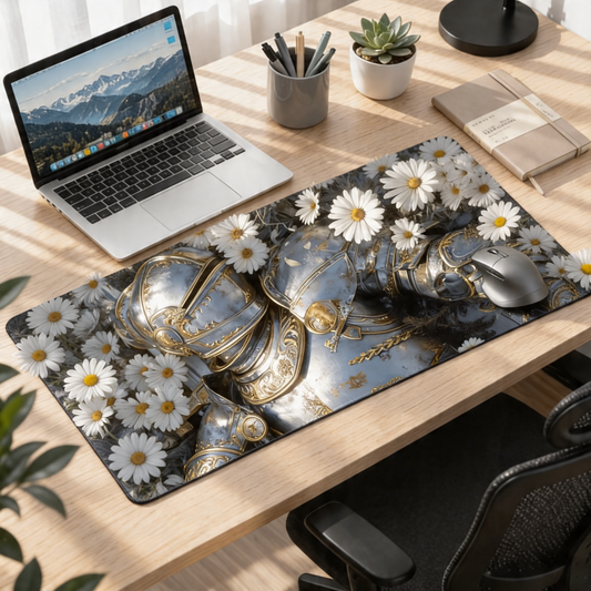 Steel & Petals Knight | Elegant Contrast Gaming Deskmat