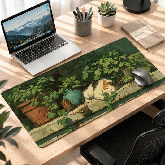 Sunlit Garden Nap | Cozy Cat Aesthetic Deskmat