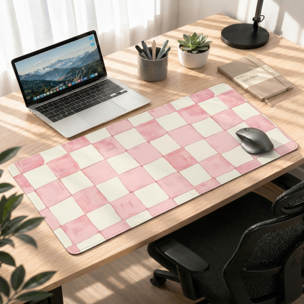 Blush Checker Charm | Soft Aesthetic Gaming Deskmat