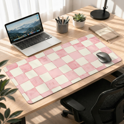 Blush Checker Charm | Soft Aesthetic Gaming Deskmat